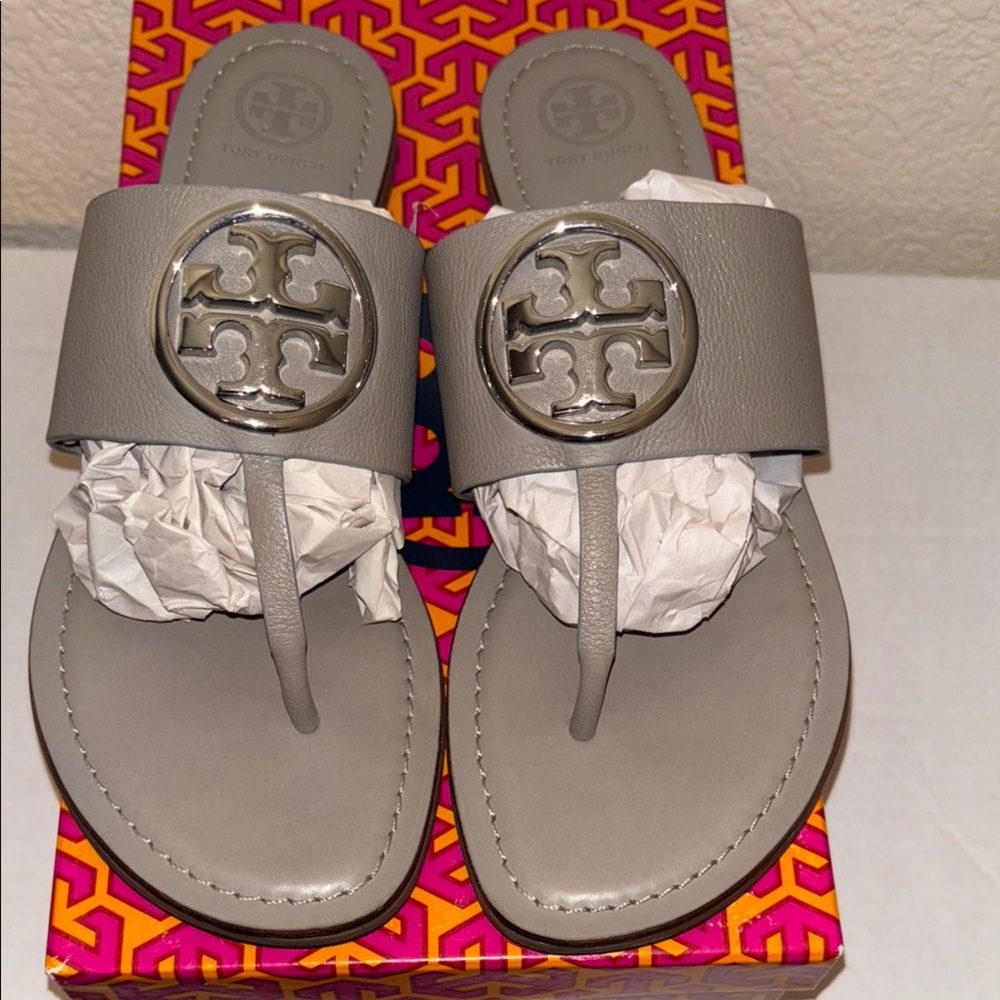 Tory Burch Gray Heron Silver Sandals